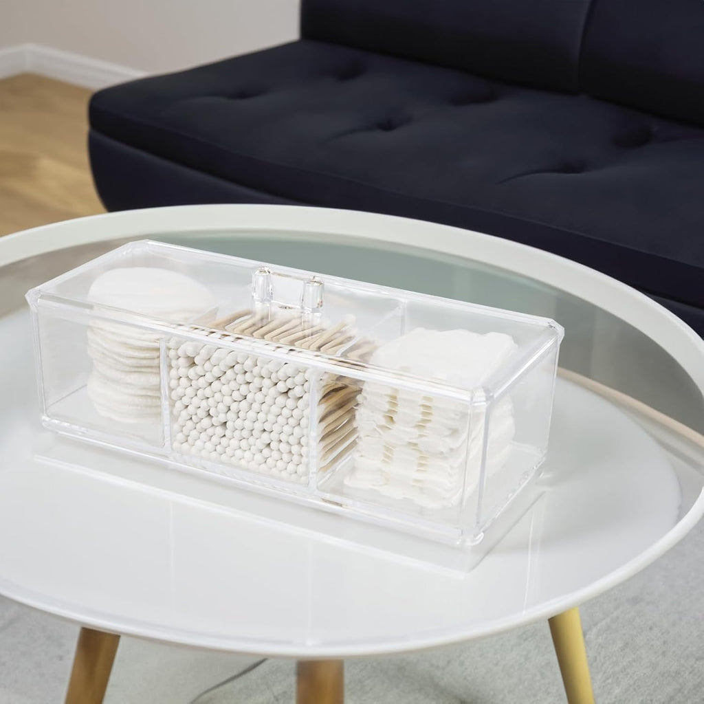 ZEXALOR Clear Bathroom Dresser Organizer - Cotton Ball Swab Holder with 3 Divided Compartments&Lid, , Waterproof Transparent Small Plastic Storage Containers, Vanity Makeup Organization