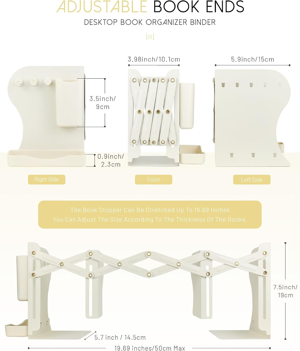Heavy Duty Bookends Adjustable Book End, Desk Book Holder for Shelves, Book Organizer for Desk, Suitable for Office Home School (19.69 inches Max) (White)