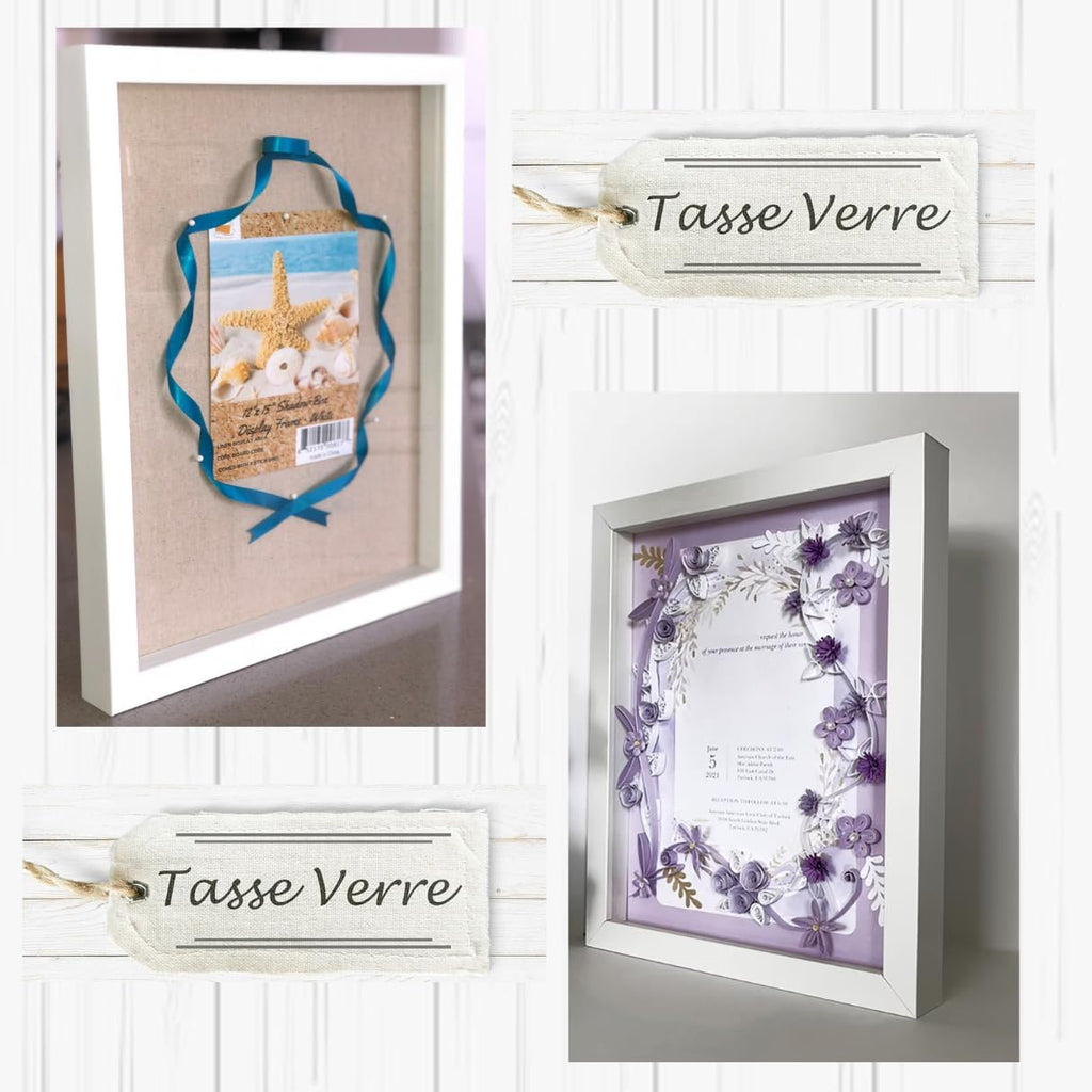 Tasse Verre 12x15 White Display Shadow Box (1-Pack) Frame w/Linen Background and 8 Stick Pins - Ready to Hang Shadowbox Picture Frame - Box Display Baby Memorabilia Wedding