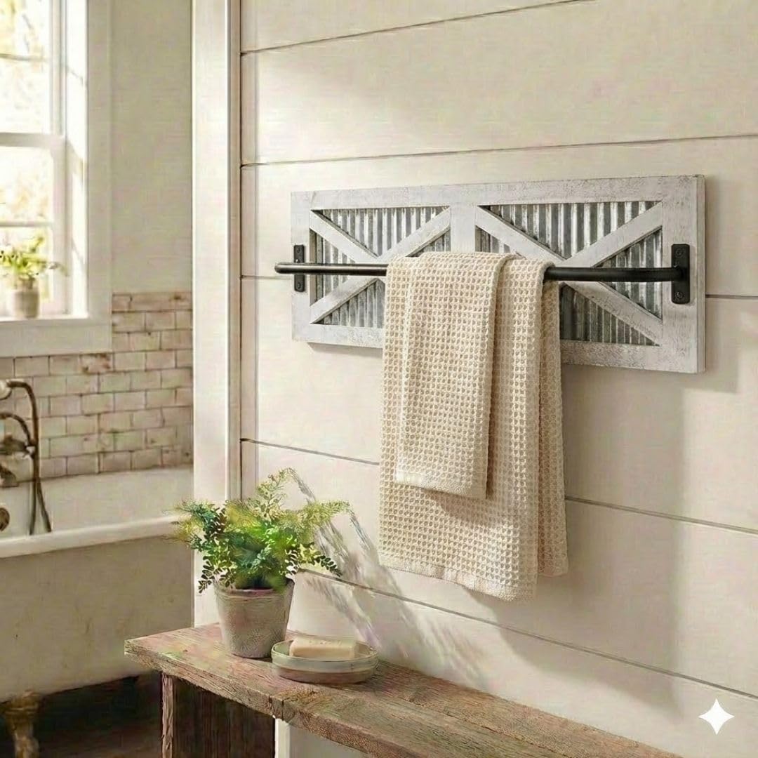 Autumn Alley Farmhouse Rustic Towel Rack Holder - Wood Towel Rack - Farmhouse Towel Holder for Rustic Bathroom and Farmhouse Kitchen Style Décor - 24" Wall Mounted, Rustic White