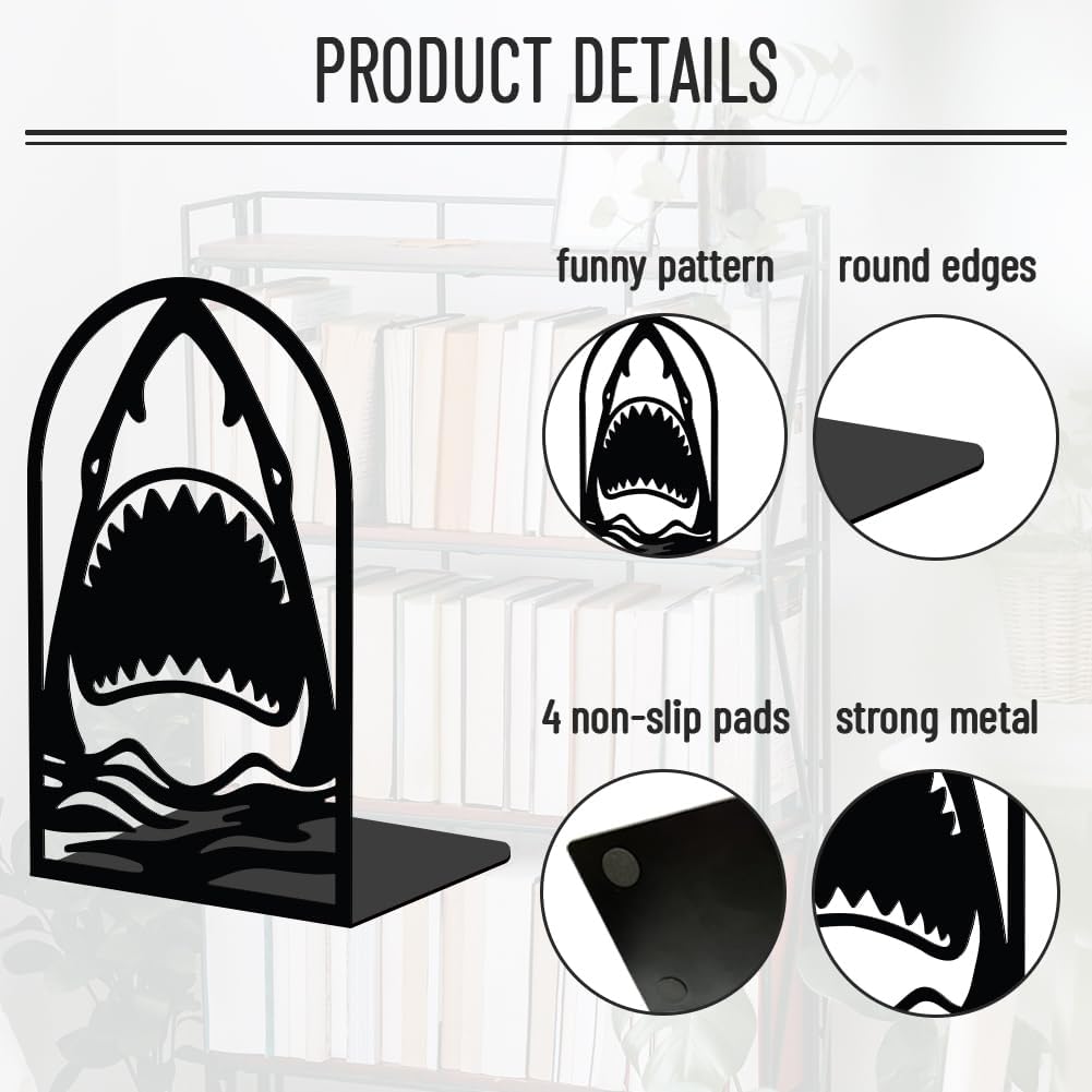 WADORN 1 Pair Metal Bookends for Shelves, Shark Head Heavy Duty Book Ends