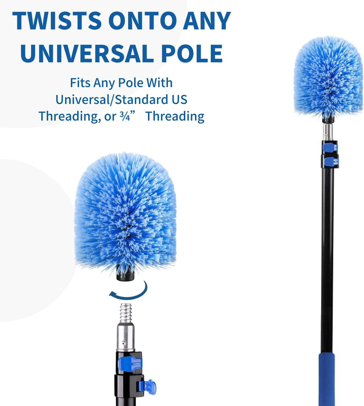 2 Pack Screw on Webster Cobweb Duster Head for Pole,Spider Web Remover Brush, Cobweb Duster Head Attachment,Fits Standard 3/4 inch Threaded Poles(Big, Blue)