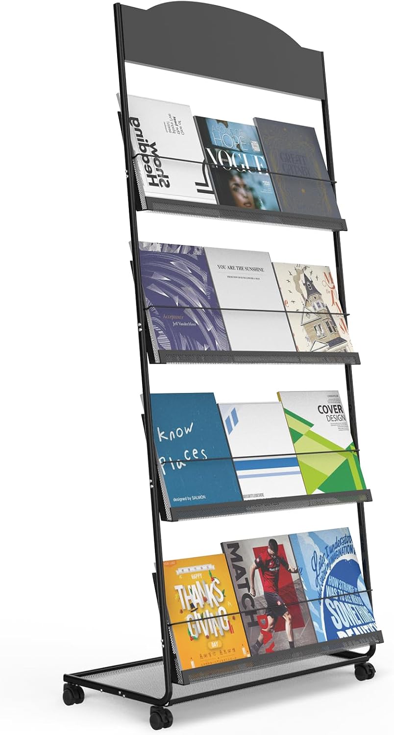 Floor-Standing Magazine Rack 4-Layer with Wheels, Semi-arched top Brochure Display Stand, High-hardness metal for Exhibitions, Office, and Any Organization Requiring Information Display (Arc-Black)