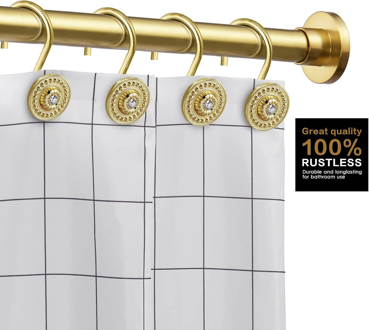 Gold Rhinestone Shower Curtain Hooks, 12 Pack Rustproof Metal Rings