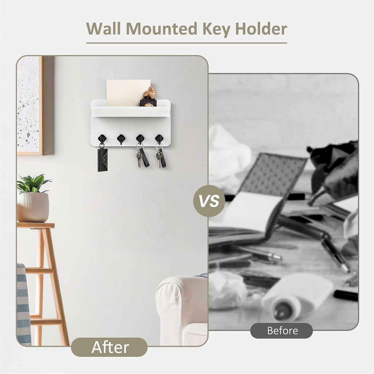 Nekon Key Holder Wall Mount, 8.5 Inch Small Wooden Wall Organizer, White