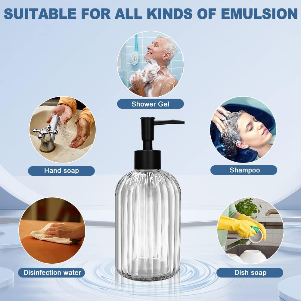 Pack of 2 Glass Soap Dispenser with Black Pump, 400 ml Refillable Pump Dispenser for Kitchen, Bathroom, Laundry Room, Liquid Glass Bottle for Washing Up Liquid, Shampoo, Conditioner (Clear)
