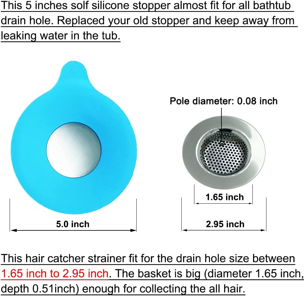 Seatery 2PCS Bathtub Stopper Hair Catcher Kit, Bathtub Drain Strainer, Tub Stopper Plug Cover, Sink Filter, Silicone Drain Stopper for Bathroom, Laundry (Blue)
