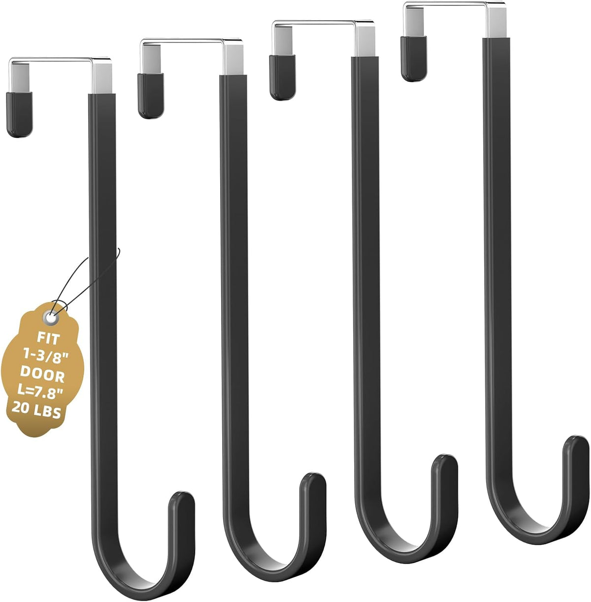 Over the Door Hooks, 4 Pack Heavy Door Hanger Hooks with Non-Slip Rubber, Over Door Hanger for Towels, Coats, Bags, Space Saving Door Coat Hanger for Living Room,Bathroom, Bedroom (Black, Long)