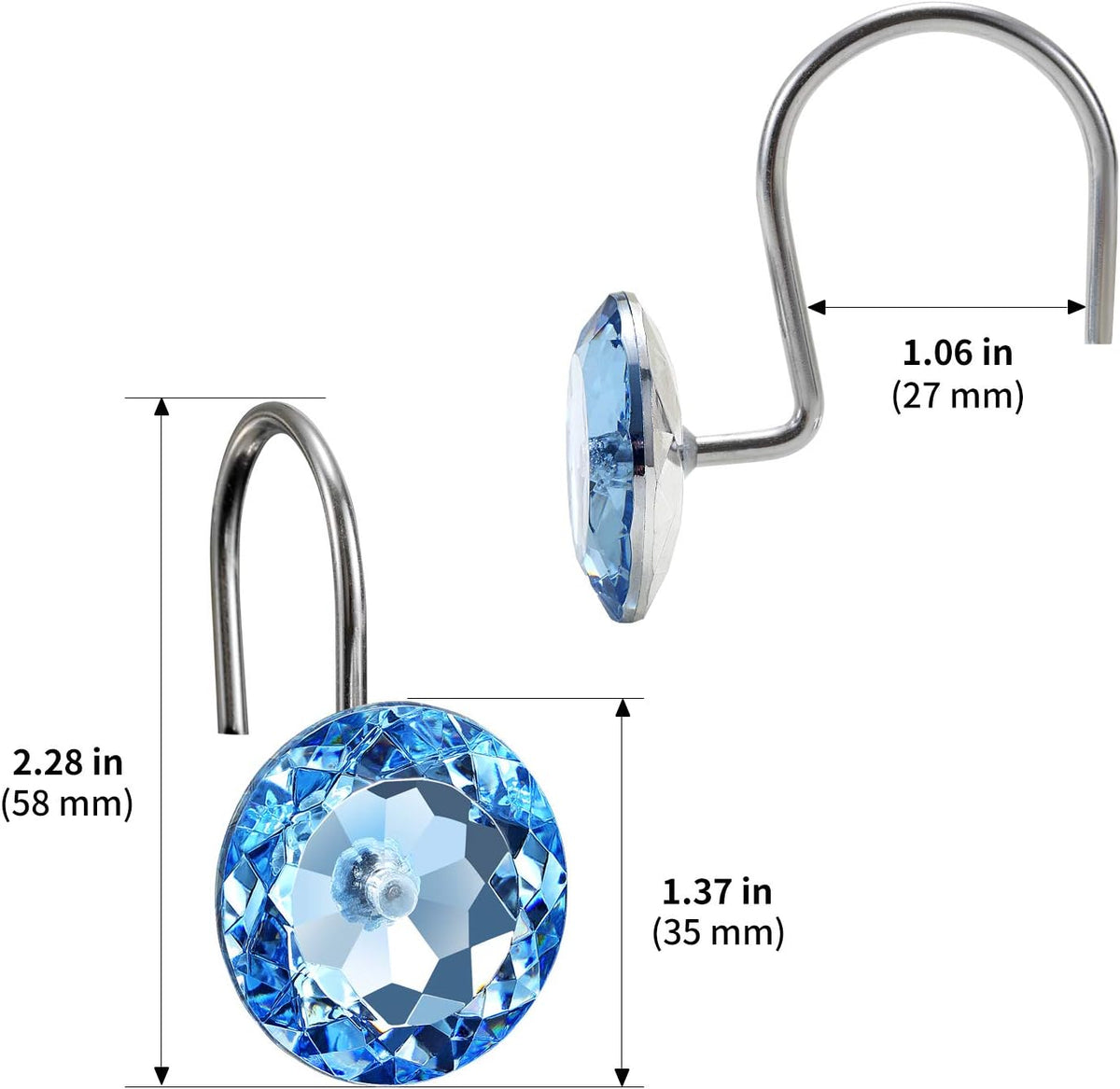 CHICTIE Blue Shower Curtain Hooks Rings Crystal,Diamond Decorative Shower Curtain Hooks,Set of 12 Stainless Steel Rust-Proof Round Rhinestones Shower Rings Hangers for Bathroom