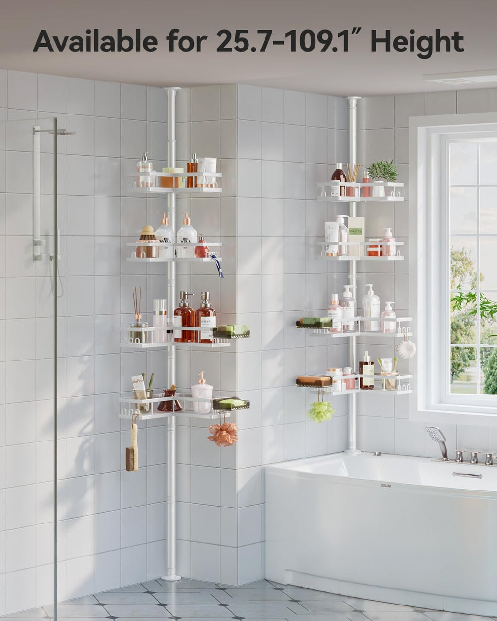 YASONIC Corner Shower Caddy Tension Pole, Adjustable Shower Shelves, Rust-Resistant Shower Organizer, No-Drill 3-Step Installation, Bathroom Shelves for Renters & Family, White