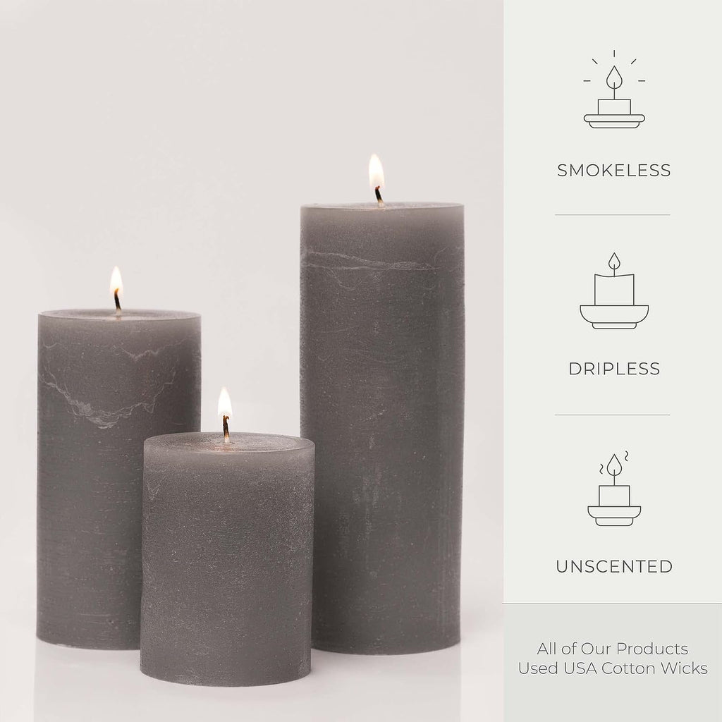 BASK Mottled Unscented Cool Grey Pillar Candles Set of 3 - Dripless Large Smokeless Pillar Candles for All Occasions