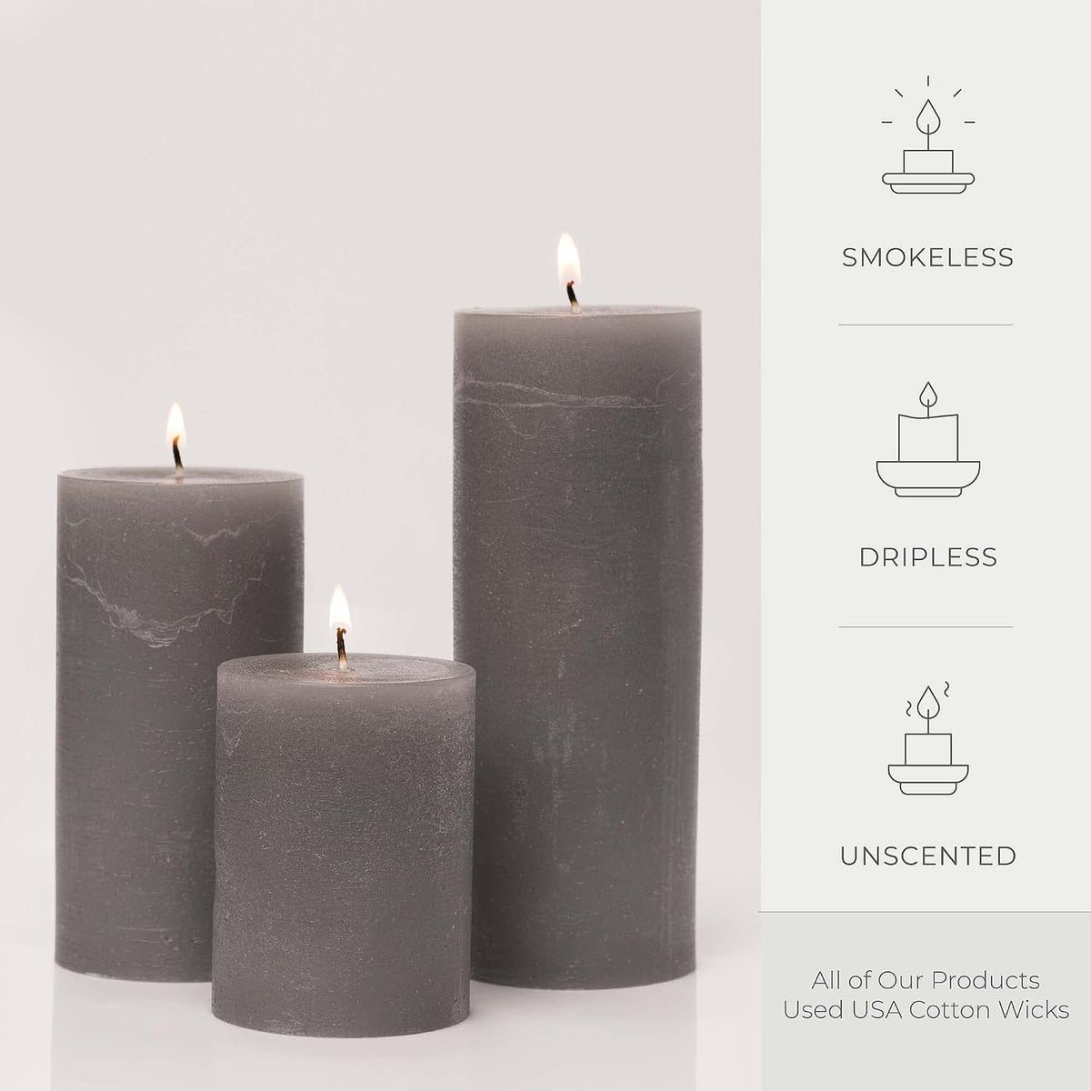 BASK Mottled Unscented Cool Grey Pillar Candles Set of 3 - Dripless Large Smokeless Pillar Candles for All Occasions