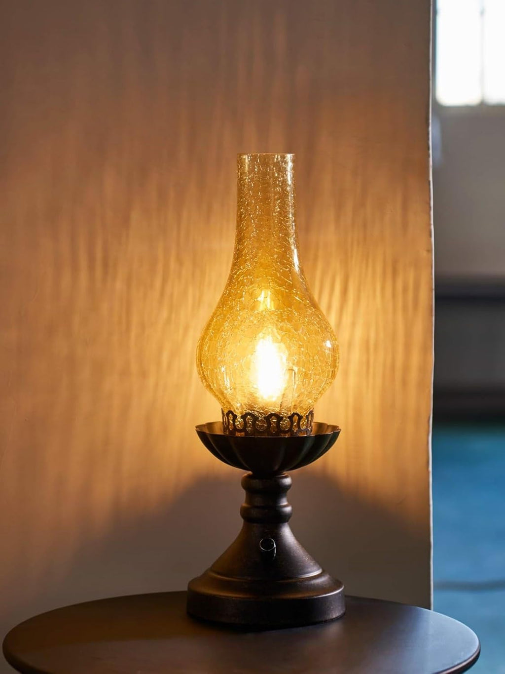 Vintage Table Lamp with Crackled Glass Shade & Rotary Knob Switch, Small Antique Desk Lamp,Lantern Rustic Farmhouse Western Victorian Bedside Decor for Bedroom,Living Room,Office