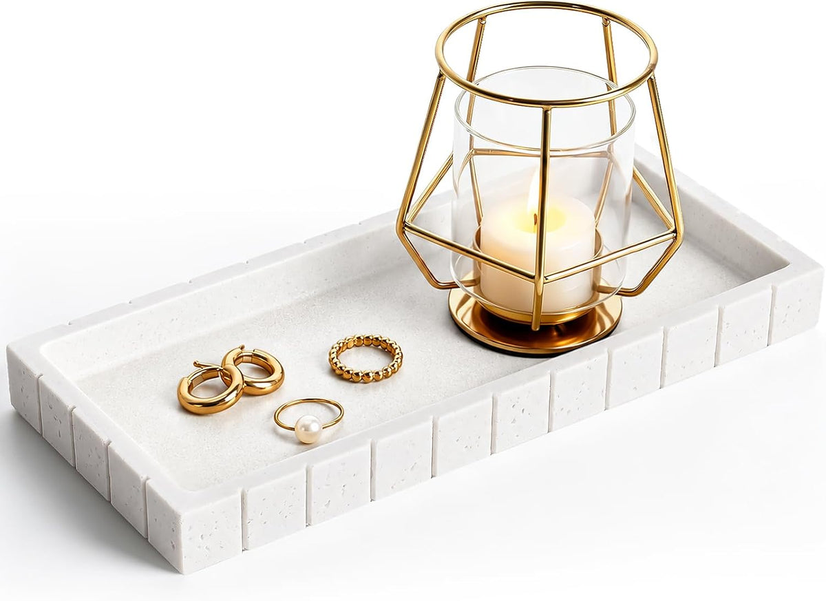 Decorative Bathroom Tray for Counter Stone Perfume Tray for Vanity, White
