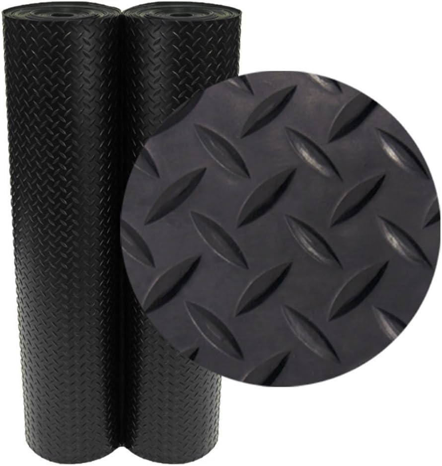 Rubber-Cal Diamond-Plate Rubber Flooring Roll - 3 mm x 4 ft x 7 ft Roll - Black