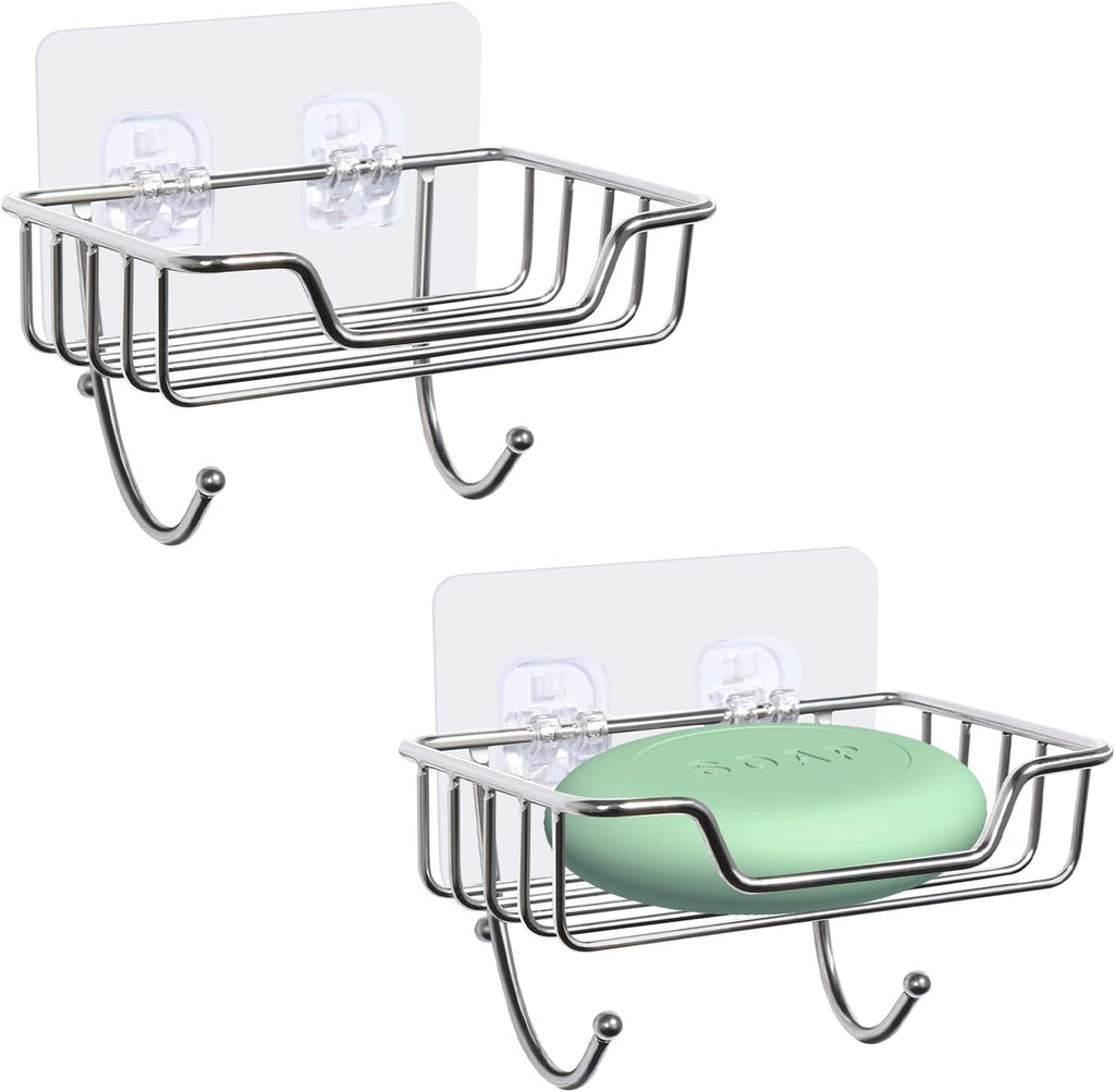Uten Soap Dish Holder, 304 Rustproof Stainless Steel, No Drilling, Wall Mounted Soap Holder Soap Tray Bar Soap Sponge Holder for Bathroom & Kitchen(Pack 2)