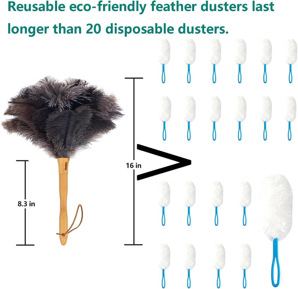 Genuine Ostrich Feather Duster with Wood Handle, 16 inch Gray