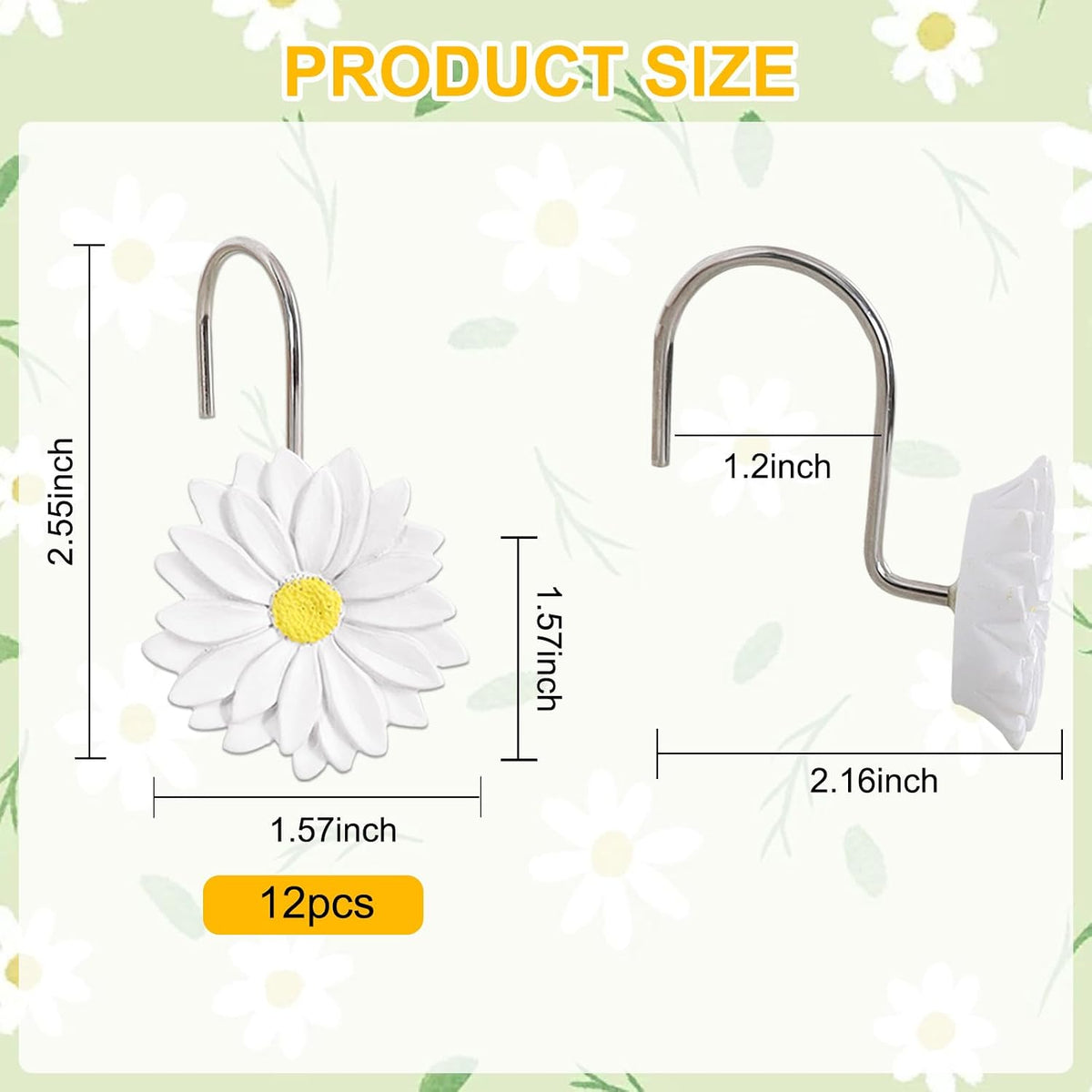 12-Piece White Flowers Daisy Floral Shower Curtain Hooks for Bathroom