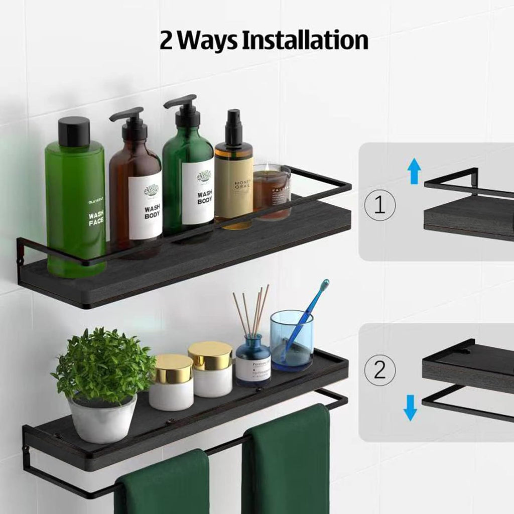 Meangood Black Floating Shelves for Wall, 17 inch Bathroom Shelf, Set of 2