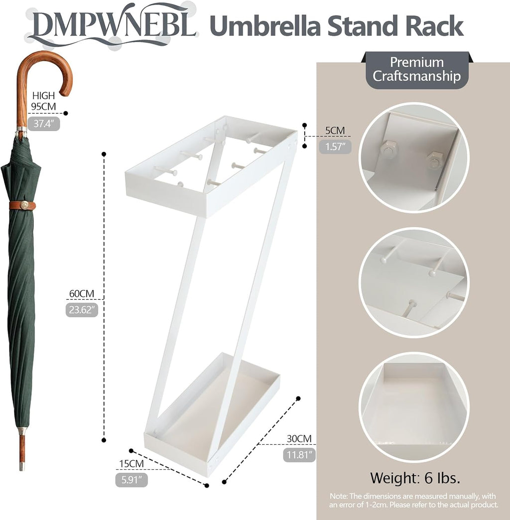 Umbrella Holder for Entryway, White Indoor Umbrella Stand with Hooks,Metal Umbrella Storage Rack Ideal for Home Office Hotel Lobby