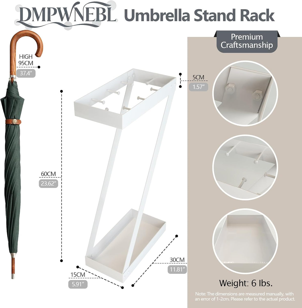 Umbrella Holder for Entryway, White Indoor Umbrella Stand with Hooks,Metal Umbrella Storage Rack Ideal for Home Office Hotel Lobby