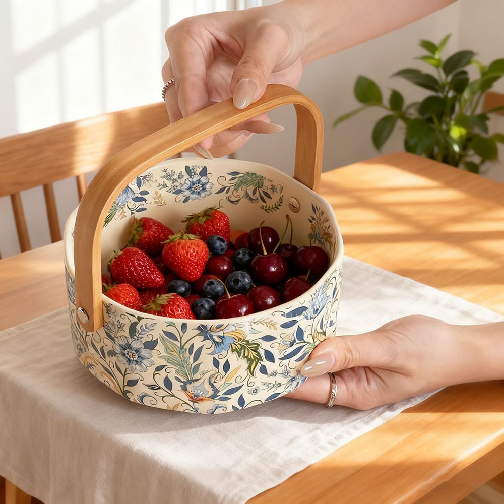 Ceramic Candy Bowl with Wood Handle Candy Dish Wedding Decorative Serving Bowl,Christmas Gift,Kitchen Dining Table Office Decor(White)