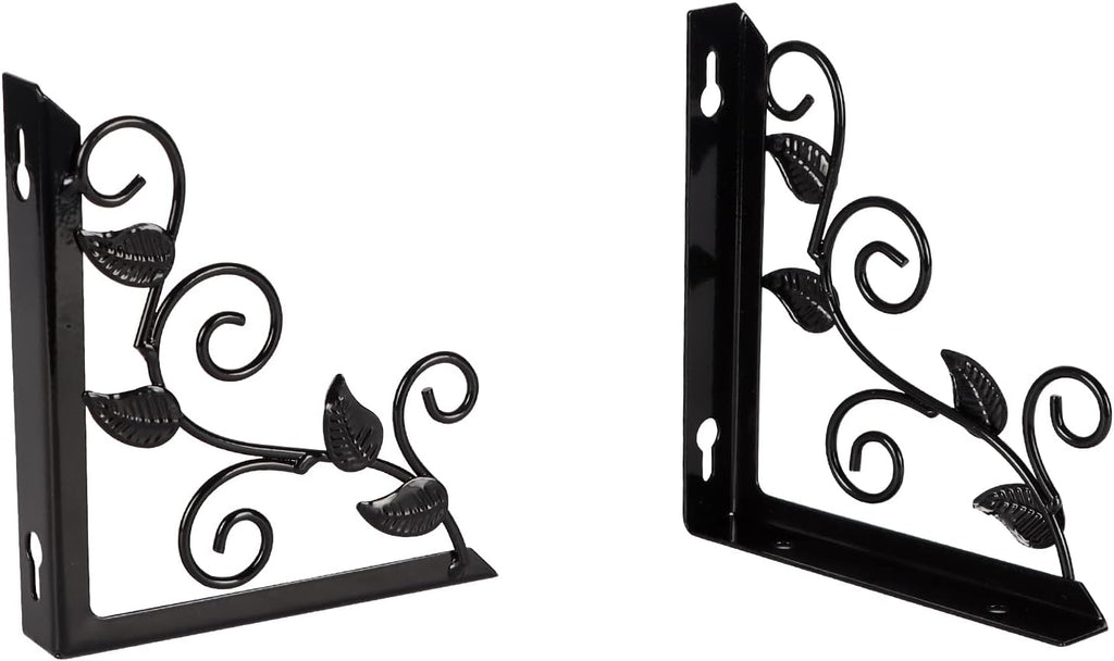 Lavezee Vintage Floating Shelves Set with Metal Vine Leaf Plants Shape for Wall Decor, Black and Rustic Wooden Decorative Wall Shelf for Living Room, Bedroom, Bathroom, 3 Packs