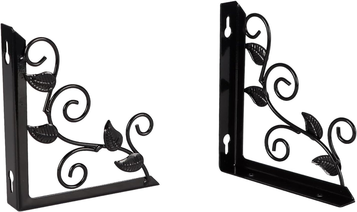 Lavezee Vintage Floating Shelves Set with Metal Vine Leaf Plants Shape for Wall Decor, Black and Rustic Wooden Decorative Wall Shelf for Living Room, Bedroom, Bathroom, 3 Packs