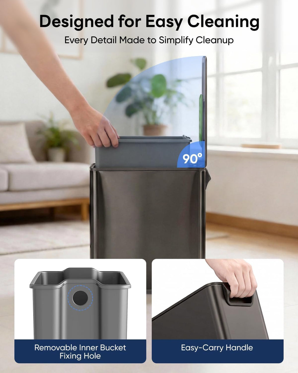 10L/2.6G Slim Bathroom Trash Can, Narrow Stainless Steel Soft-Close Step Pedal Bin with Lid, Odor Control Carbon Box, Removable Inner Bucket, Small Waste Bin for Bedroom, Office, RV (Gray)