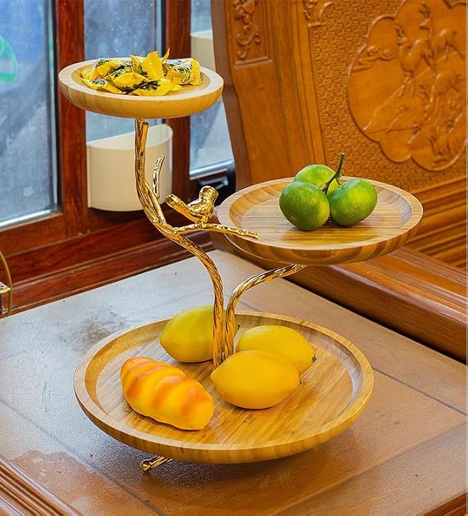 LANDTOM 3-Tier Fruit Basket Electroplating Metal Stand Decorative Fruit Bowl Rack Bamboo Wooden Storage Trays Table Countertop Holder for Vegetables Bread Snack for Kitchen Home Use, Gold (Type D)