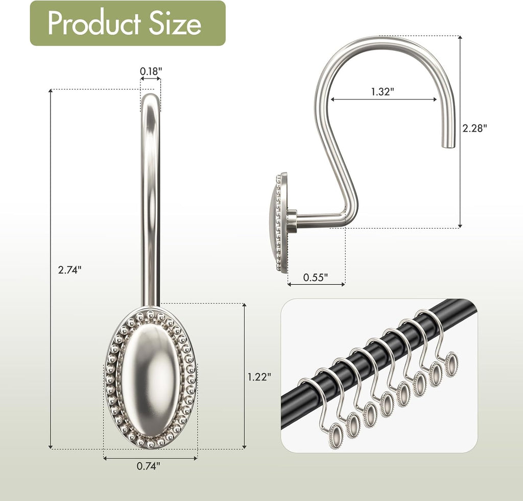 AmazerBath Nickel Shower Curtain Hooks, 12PCS Rust Proof Shower Curtain Rings, Decorative Modern Shower Curtain Hangers, Elliptical Heavy Duty Design Convenient for Bathroom Kitchen Wardrobe