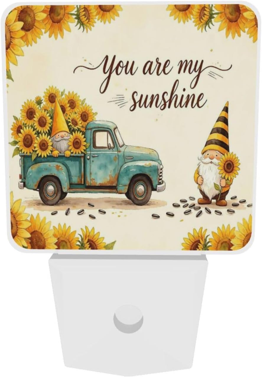 Sunflower Gnome Truck LED Plug-in Nightlights 2 Piece Set for Bedroom