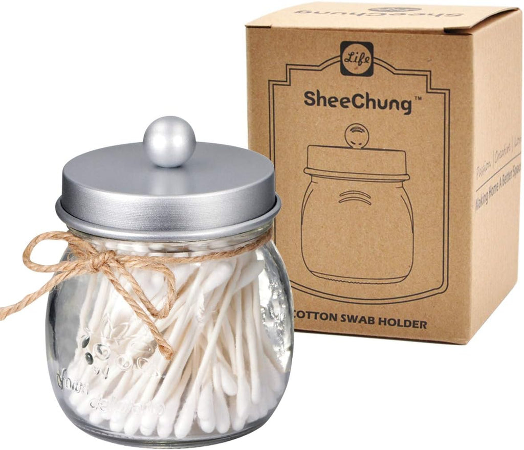 SheeChung 2 Pack Glass Mason Jar Qtip Holder Dispenser,Frosted Silver Lids