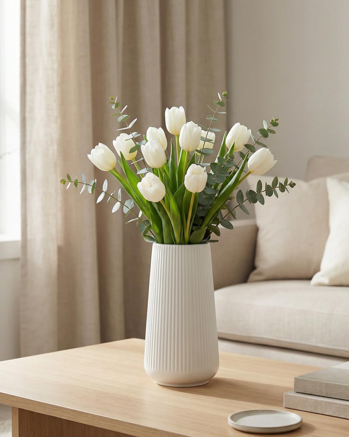 vensovo 8 Inch Glossy White Ceramic Vase, Ribbed Narrow Neck Flower Vase
