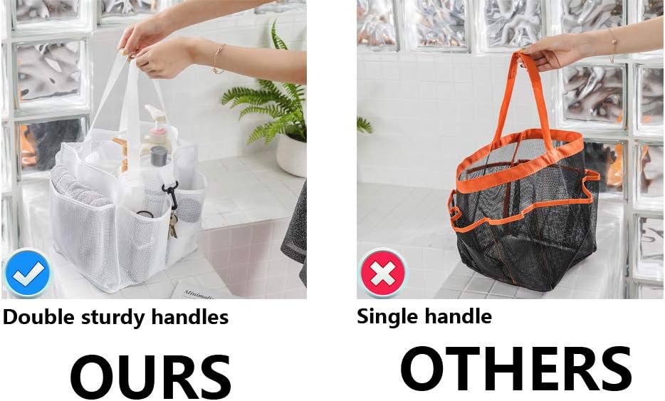 ALYER Mesh Shower Caddy Basket,Large Shower Bag Tote,Hanging Bath Toiletry Organizer with 1 Big Separated Inner Compartment and 6 Deep Outer Pockets (White)