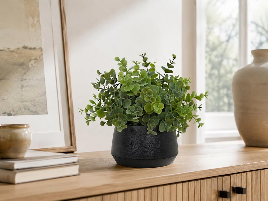 365 Blooming Decor Artificial Eucalyptus Plant–10.2"x11.4" Luxury Faux Potted Greenery in Black Textured Pot with Real Pebbles, Premium Material, No Assembly, Farmhouse, Coffee Table, Bathroom Decor//