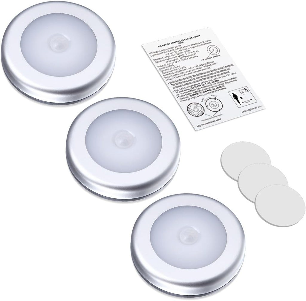AMIR Upgraded 3.15” Motion Sensor Light, 3 Pack Battery-Powered LED Night Light, Closet Lights Stair Lights, Puck Lights, Safe Lights for Hallway, Bathroom, Bedroom, Kitchen (Silver - Warm White)
