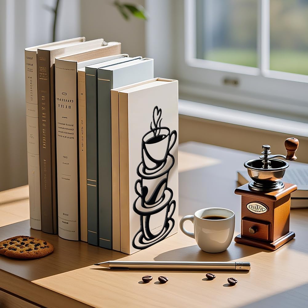 WADORN 1 Pair Coffee Cup & Saucer Metal Decorative Bookend for Shelves, Heavy Duty Book Ends Modern Non-Skid Books Holder Stand Black Book Support Stoppers for Office Desk Bookshelf, 5.3x4.3x7.8 Inch