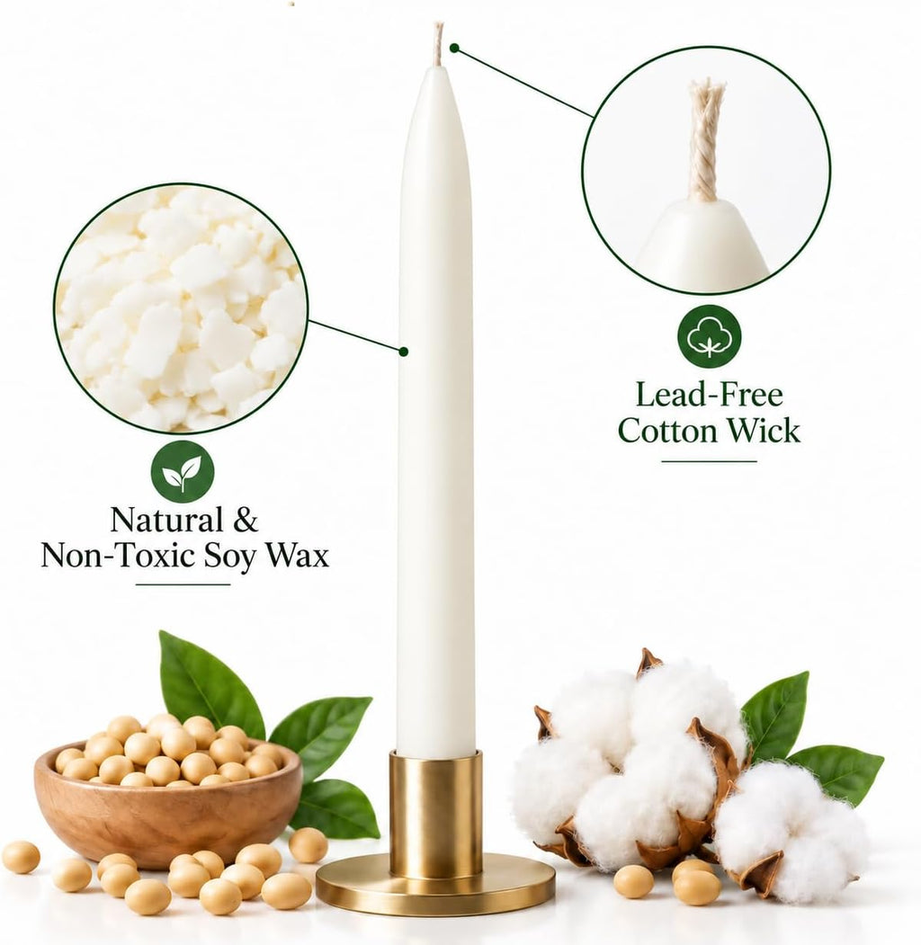 Soy Wax Taper Candles, 10 Inch White Unscented Candle Sticks, 12 Pack