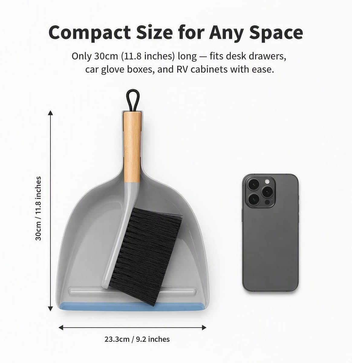 Small Handheld Dustpan and Brush Set, Mini Broom with Flagged PET Bristles & Rubber Lip Dustpan, Bamboo Handle Counter Crumb Sweeper for Kitchen, Desk, Car, Pet Hair
