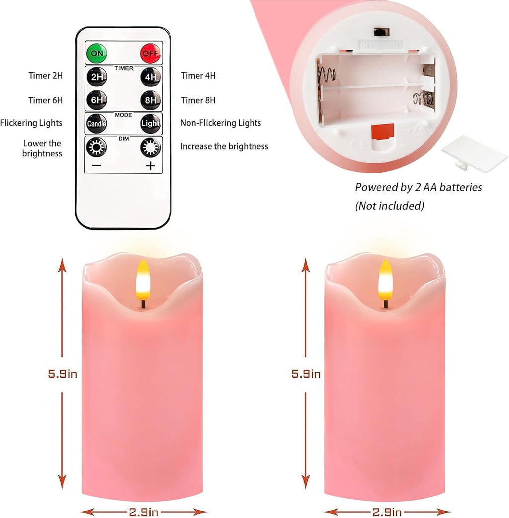 Pink Flameless Candles Set of 2, 6"x3" Pastel Candles with Remote & Timer