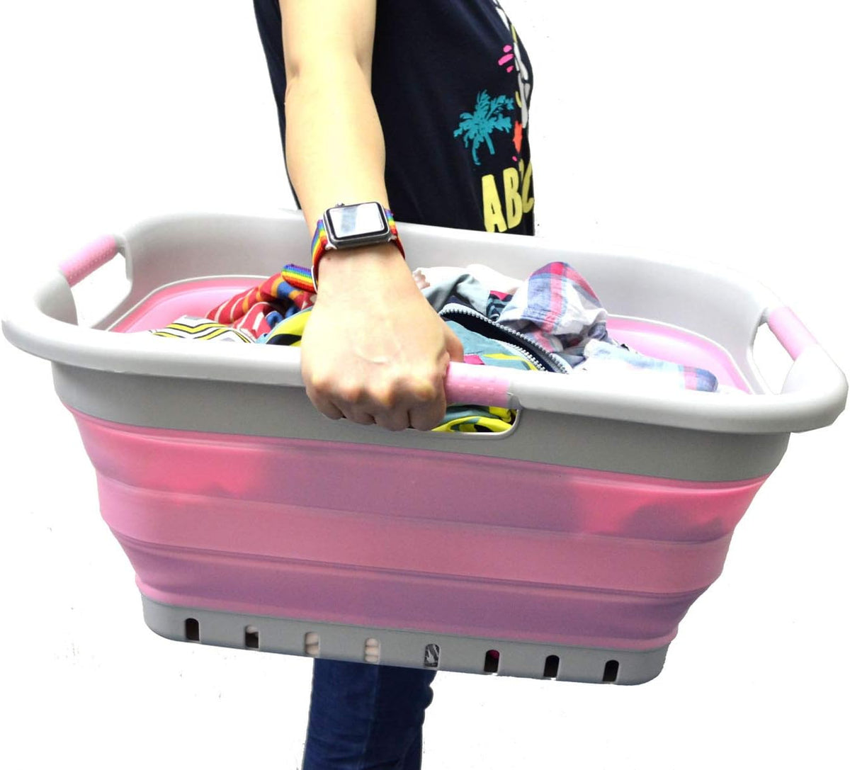 SAMMART 41L (10.8 gallon) Collapsible 3 Handled Plastic Laundry Basket - Foldable Pop Up Storage Container/Organizer - Portable Washing Tub - Space Saving (3 handled rectangular, Grey/Pink)