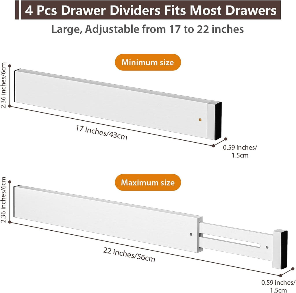 4 Pack Bamboo Drawer Dividers 17-22" Adjustable Kitchen Organizer, White
