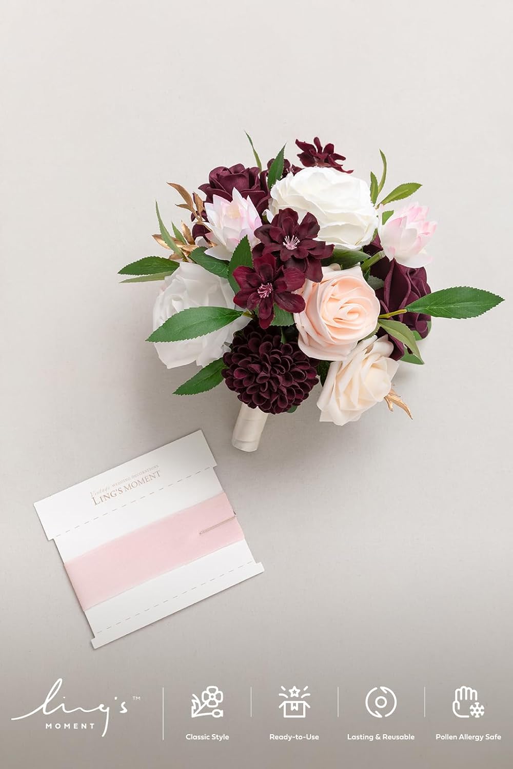 Ling's moment Artificial Flowers Red Bridesmaid Bouquet, Marsala & Blush Wedding Flowers Bouquets for Bridesmaids, 7 Inch Bridal Bouquets for Bridesmaids, Wedding Decor, Ceremony, etc