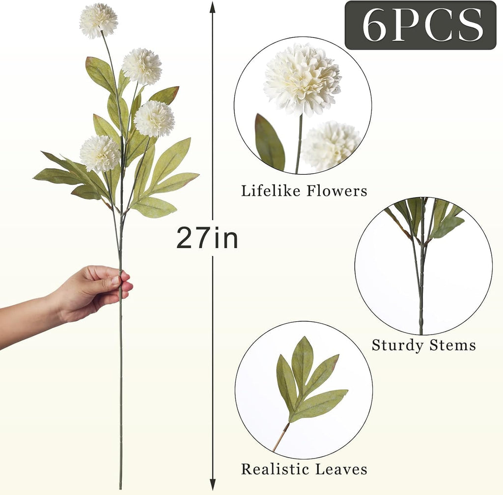 VIERENA 6 Pcs 27" Artificial Pompon Mum Silk Flower Stems for Vase (Cream)