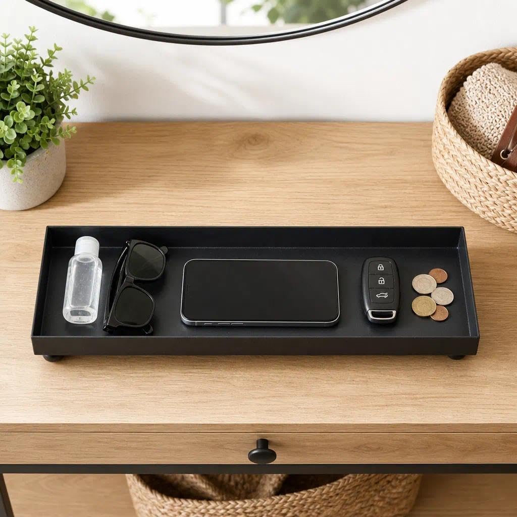 15.5"x5.8" Matte Black Rectangular Metal Tray, Candle & Jewelry Organizer