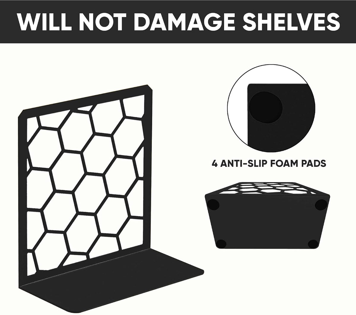 GEOMOD Premium Geometric Black Honeycomb Bookends for Shelves, Metal Book Ends Office, L-Shaped Stopper, Rustproof Decorative Unique Home, 6.25 (L) x 6 (W) inches, 2 Pairs - Geomod, (Pair of 2)