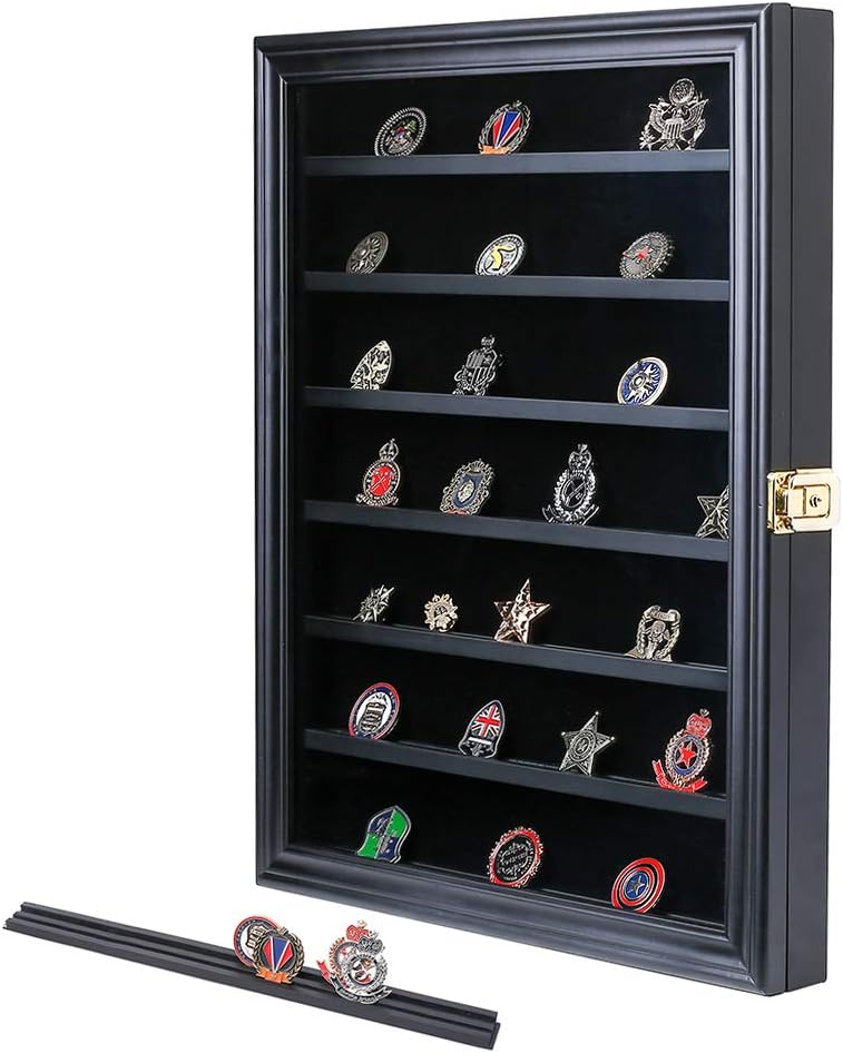 Military Challenge Coin Display Case Lockable Wooden Cabinet Rack Holder