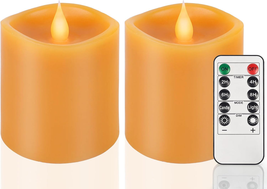 Fall Flameless LED Candles 3 inch Diameter Real Wax 2AA Battery Operated 600hr+ Flickering Candles with Timer Remote Control for Halloween Thanksgiving Christmas Indoor (Orange, 3″×3″- 2 PCS)
