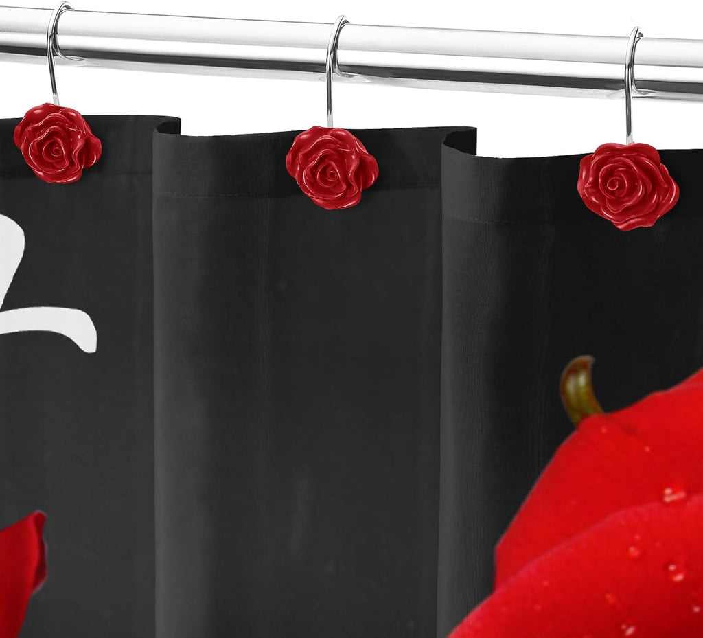 Cute Rose Floral Shower Curtain Hooks Rings for Bathroom,Red 12PCS